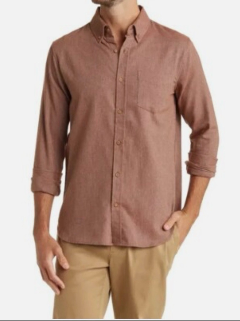 Men's Long-Sleeve Button-Down Shirt Mauve Brown will cotton flannel XL